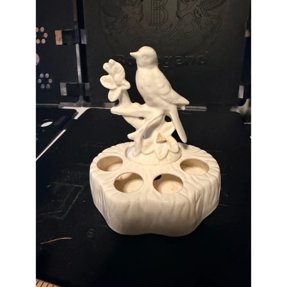 Vintage White Ceramic Bird Lipstick Holder 6 Slot Vanity Organizer Decor
